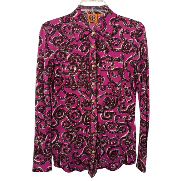 Tory Burch Swirl Print Shirt Size Small Pink Burgundy Western Bohemian - Picture 7 of 8